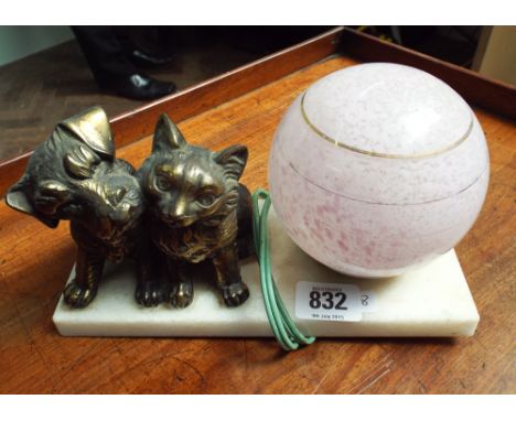 Small French art deco table lamp decorated with cats and dogs on white marble base, 9" wide 