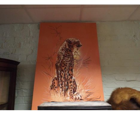 Large modern unframed oil painting of a Cheetah signed R Casaro