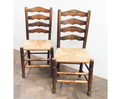 Set of 6 country oak ladder back dining chairs with rush seats