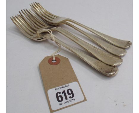 Set of six silver dessert forks, each engraved with initial M.  Sheffield 1936.  9oz troy