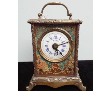 Late 19th century French brass and tin plated carriage/alarm clock with cream and blue dial decorated with figures and basket