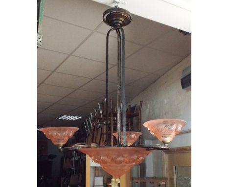 French four piece pink floral decorated glass hanging electric light fitting 
