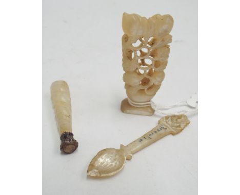 19th century carved and pierced mother of pearl desk seal, smaller seal and a snuff spoon enscribed Jerusalem.  Large seal he