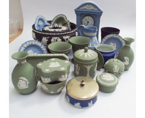 Collection of Wedgwood Jasper ware to include black, blue and green examples, including a mantel clock, vases, trinket boxes 