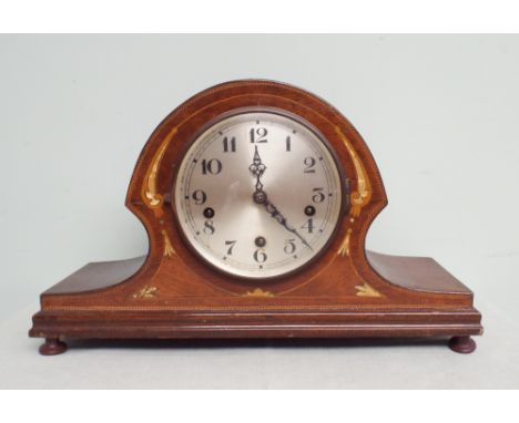Edwardian mahogany arched top mantel clock with mother of pearl inlay 