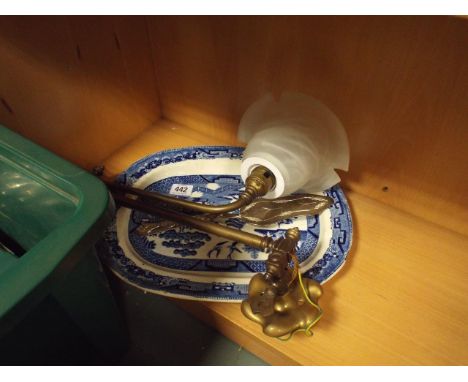 Brass wall light fitting, cake slice and a Willow pattern plate 