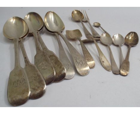 Georgian and silver table spoons, some with fiddle patterned handles and a collection of misc. silver cutlery including caddy