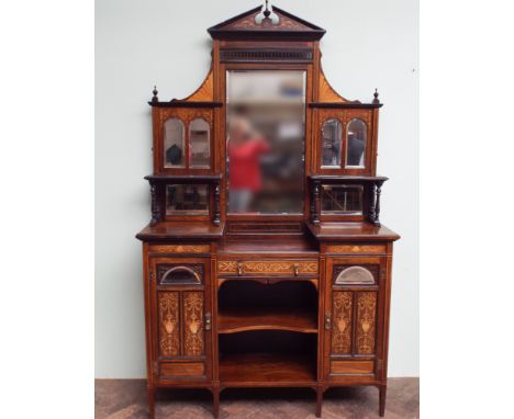 Edwardian inlaid rosewood side cabinet with bevelled mirror and shelf back 4'6 wide 