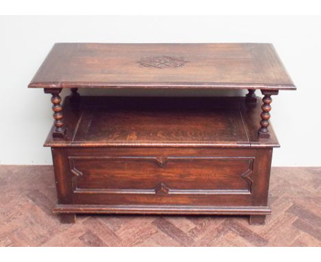 1920's oak monks bench on bobbin turned columns, 42" wide 