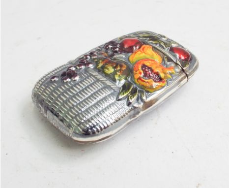 Victorian style silver plated novelty vesta case with enamel decoration of a basket of fruit 