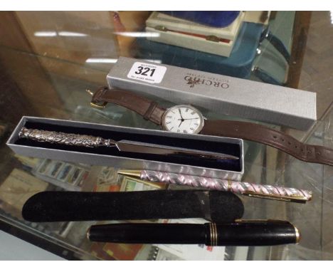 Gents Timex watch, 2 fountain pens and a paper knife 