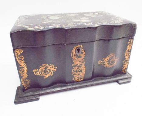Victorian black lacquered mother of pearl inlaid two division tea caddy 