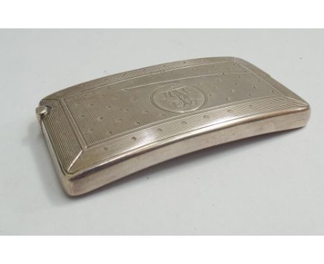 Edwardian silver narrow card case of rectangular concave form with engine turned decoration and spotted design, engraved with