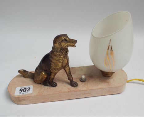 French art deco table lamp decorated with Retriever dog on marble base 9" wide 