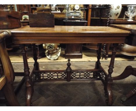 3' Edwardian walnut folding top card table on turned and fret work style base 