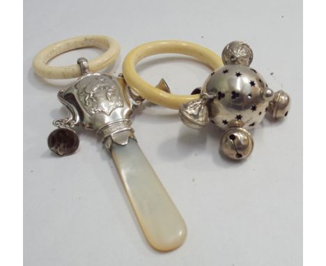 2 early 20th century babies rattles with silver tops, one with mother of pearl handle