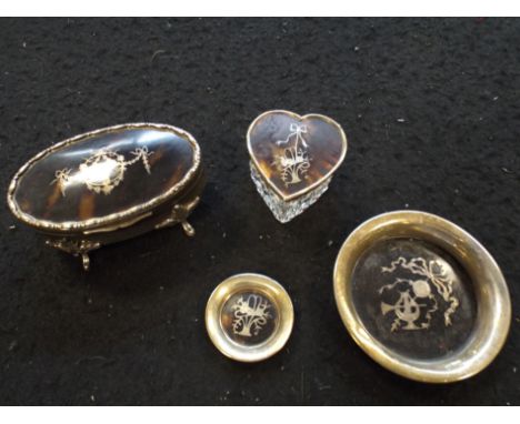 2 silver and tortoiseshell  trinket boxes and 2 circular pin trays
