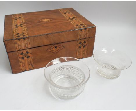 Victorian inlaid walnut box and 2 glass tea caddy mixing bowls 