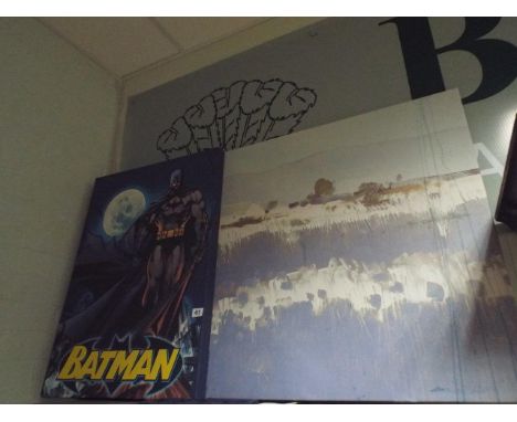 Large modern unframed print of a country scene and another of Batman 