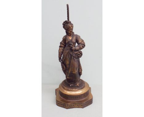 Gilt spelter table lamp modelled as an 18th century dressed female appx 20" tall 