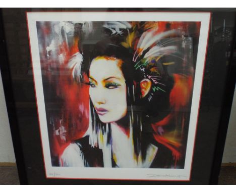 Limited Edition hand embellished signed print by Dankitcheno No. 34/50 depicting an Oriental lady in square frame.  Image siz
