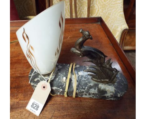 Small French art deco table lamp decorated with leaping Gazelle on marble base 10" across 