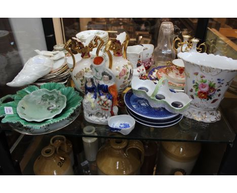 A QUANTITY OF VARIOUS CERAMICS to include a Royal Worcester weaver bird type wall pocket, a Satsuma Ware square tea cannister