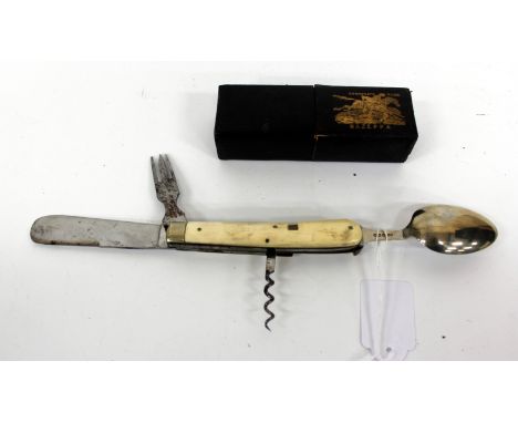 A SAMUEL HANCOCK & SONS BONE HANDLED FOLDING KNIFE fork, spoon and corkscrew set, the main blade signed Sam l Hancock & Sons.