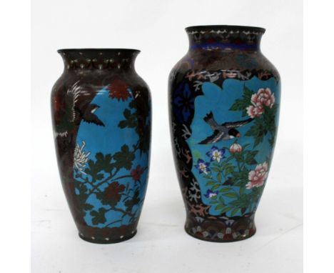 A 19TH CENTURY ORIENTAL CLOISONNE LIGHT BLUE GROUND VASE decorated with floral patterns and birds, 31cm in height together wi