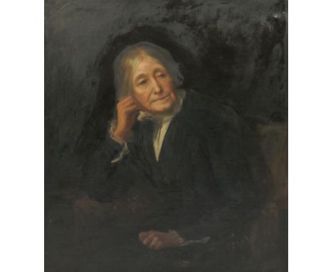 A 19TH CENTURY HALF LENGTH PORTRAIT of a lady seated in a chair, oil on canvas, mounted in a decorative frame 86.5cm x 71.5cm