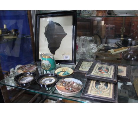 A GROUP OF LATE 19th CENTURY PORTRAIT PRINTS OF ROYALTY, Pratt ware pot lid, silhouette of a cat signed G Oswald-Cox