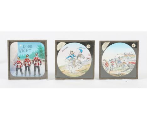 THREE BOXES OF MAGIC LANTERN SLIDES to include North African views, fairy tales, 'How Bill Adams won the battle of Waterloo',