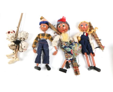 THREE VINTAGE PELHAM PUPPETS and a vintage skeleton puppet 