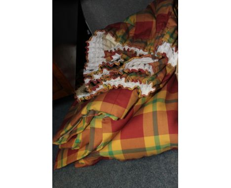 A PAIR OF MODERN RED, ORANGE, GREEN AND YELLOW CHECKED QUILTED CURTAINS, approximately 220cm high x 180cm wide