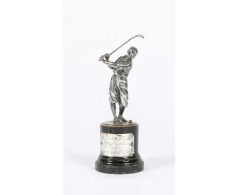 A SMALL EARLY 20TH CENTURY SILVER PLATED GERMAN GOLFING TROPHY depicting a gentleman golfer about to take a shot, stamped WMF