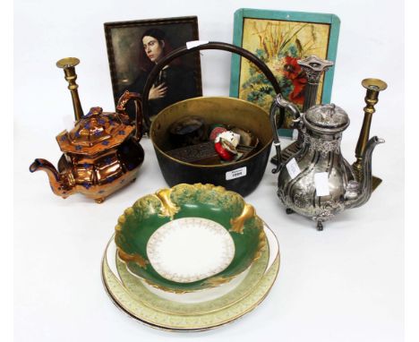 A BRASS JAM PAN with iron handle, a small group of miscellaneous ornaments and boxes, a silver plated coffee pot, a pottery t