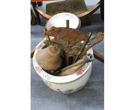 A CHINESE PORCELAIN FISH BOWL decorated with figures on a balcony and script, together with a hand bell and bracket surmounte