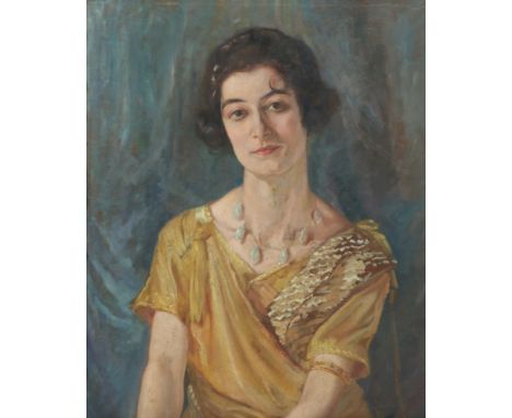 A HALF LENGTH PORTRAIT of a young woman wearing a gold dress, oil on canvas, inscribed 'Edmund Dyer' to the reverse 54.5cm x 