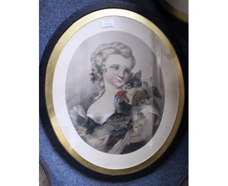 A PAIR OF VICTORIAN OVAL PORTRAIT DRAWINGS, a young girl with chicken and a young girl with dog, both 37cm by 32cm (2)