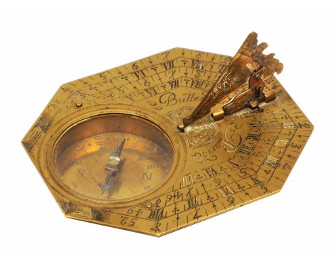 A LATE 17TH / EARLY 18TH CENTURY BRASS HORIZONTAL BUTTERFIELD SUN DIAL of octagonal form, the top side engraved Arabic and Ro