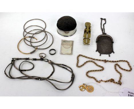 TWO 18 CARAT GOLD SMALL PENDANTS, together with a silver pin cushion box, a small silver ingot, a set of sovereign scales etc