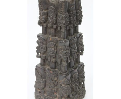 A CARVED WOOD TABLE LAMP decorated with the faces of mythical creatures 47cm high, together with a carved and parcel gilt har