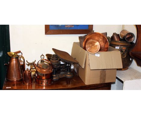 A QUANTITY OF COPPER WARE, scales etc