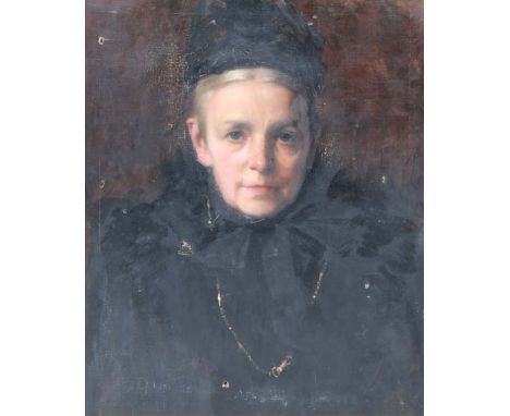 A 19TH CENTURY SCHOOL PORTRAIT OF A LADY wearing a black hat and a black dress with a gold chain, oil on canvas, unsigned 39c