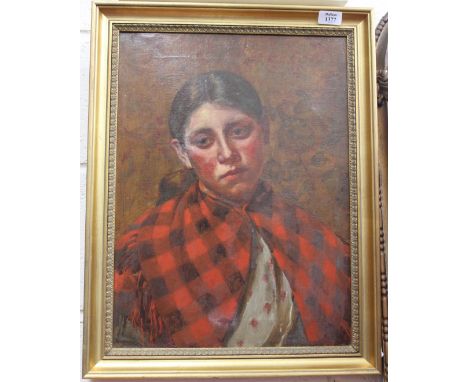 EDWIN BOTTOMLEY (1865-1929) A PORTRAIT OF A GIRL wearing a red and black checked shawl, oil on canvas, signed E. Bottomley, 1