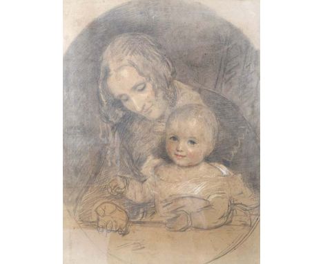 A 19TH CENTURY ENGLISH SCHOOL HALF LENGTH PASTEL PORTRAIT of a mother and her child in an oak frame and with old Christies st