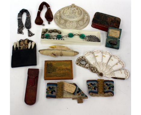 MISCELLANEOUS BIJOUTERIE to include a pair of early 19th Century French beadwork wrist bands with gilt buckles and carved mot