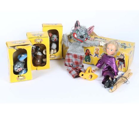 A PELHAM PUPPET OF A WOLF No.SL21 with original box, together with three boxed Pelham puppets of a cat, a mouse and a dog and