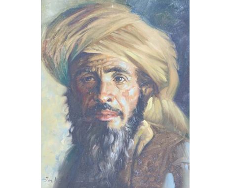 A LATE 20TH CENTURY SCHOOL PORTRAIT of an Arabic gentleman in a turban,oil on canvas signed Jack, 38.5cm x 28.5cm 
