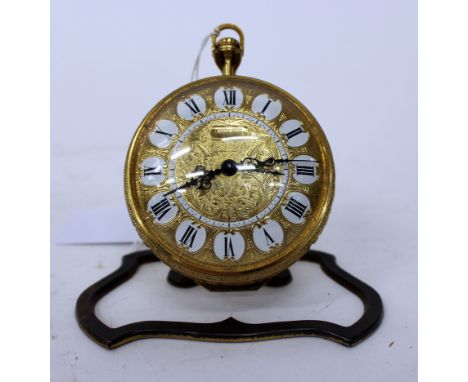 AN ERNST BOYLE 20TH CENTURY TRAVEL ALARM CLOCK with eight day movement in the form of a Goliath gilt metal pocket watch on st